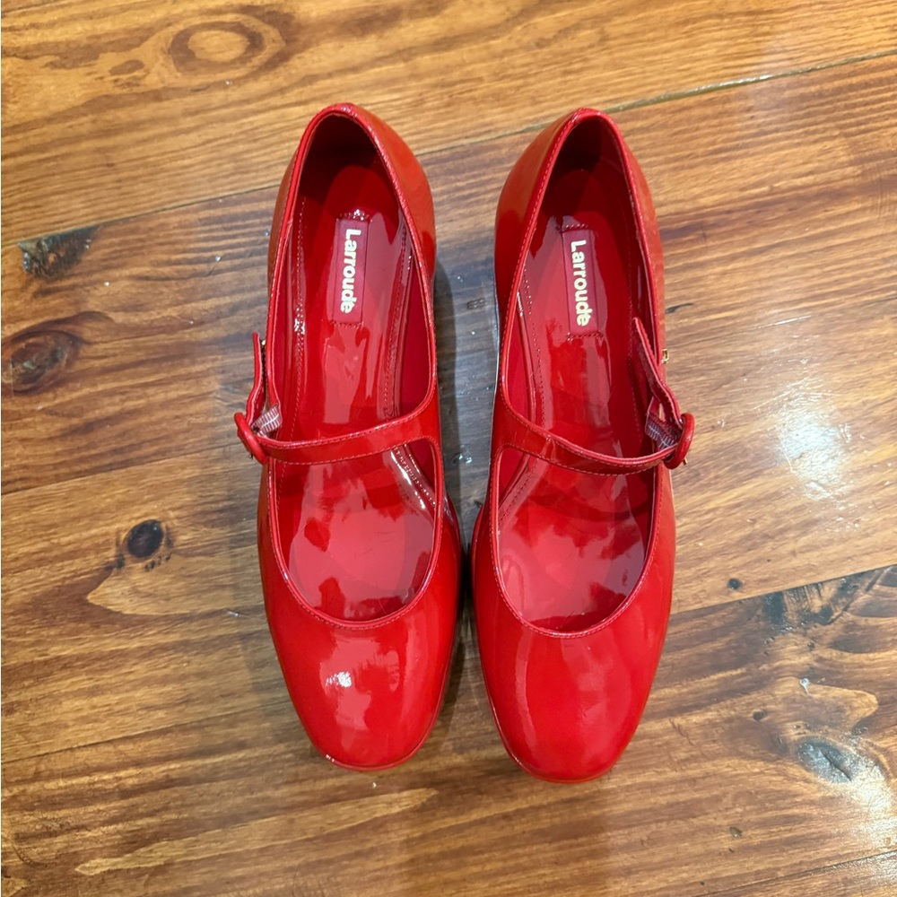 Larroude Red Flatform Mary Jane Shoes